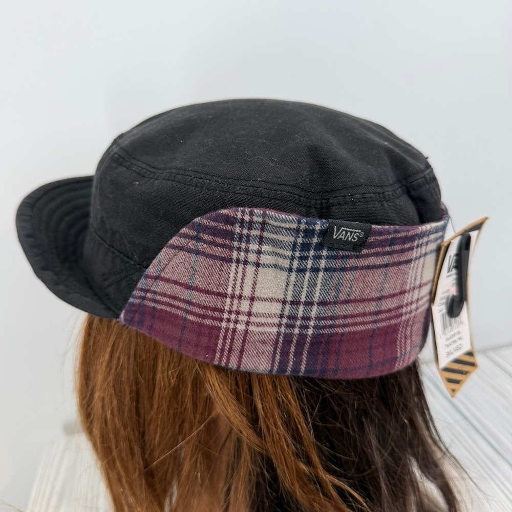 Vans Reversible Trenches Black Plaid Flannel Ear Flap Cap Women's Size SM NEW - Picture 7 of 15